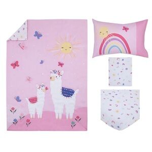 4-Piece Pink butterflies, rainbows, suns, and llamas Toddler Bedding Set